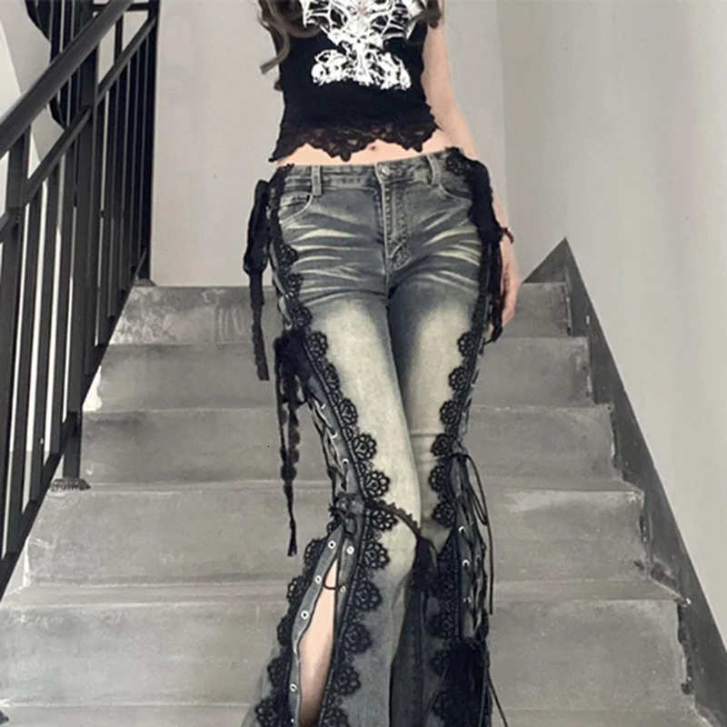 MEXZT Y2K Flare Jean Harajuku Vintage Lace Bandage Denim Pants Gyaru Streetwear Grunge Low Waist Slit n Trousers 250809