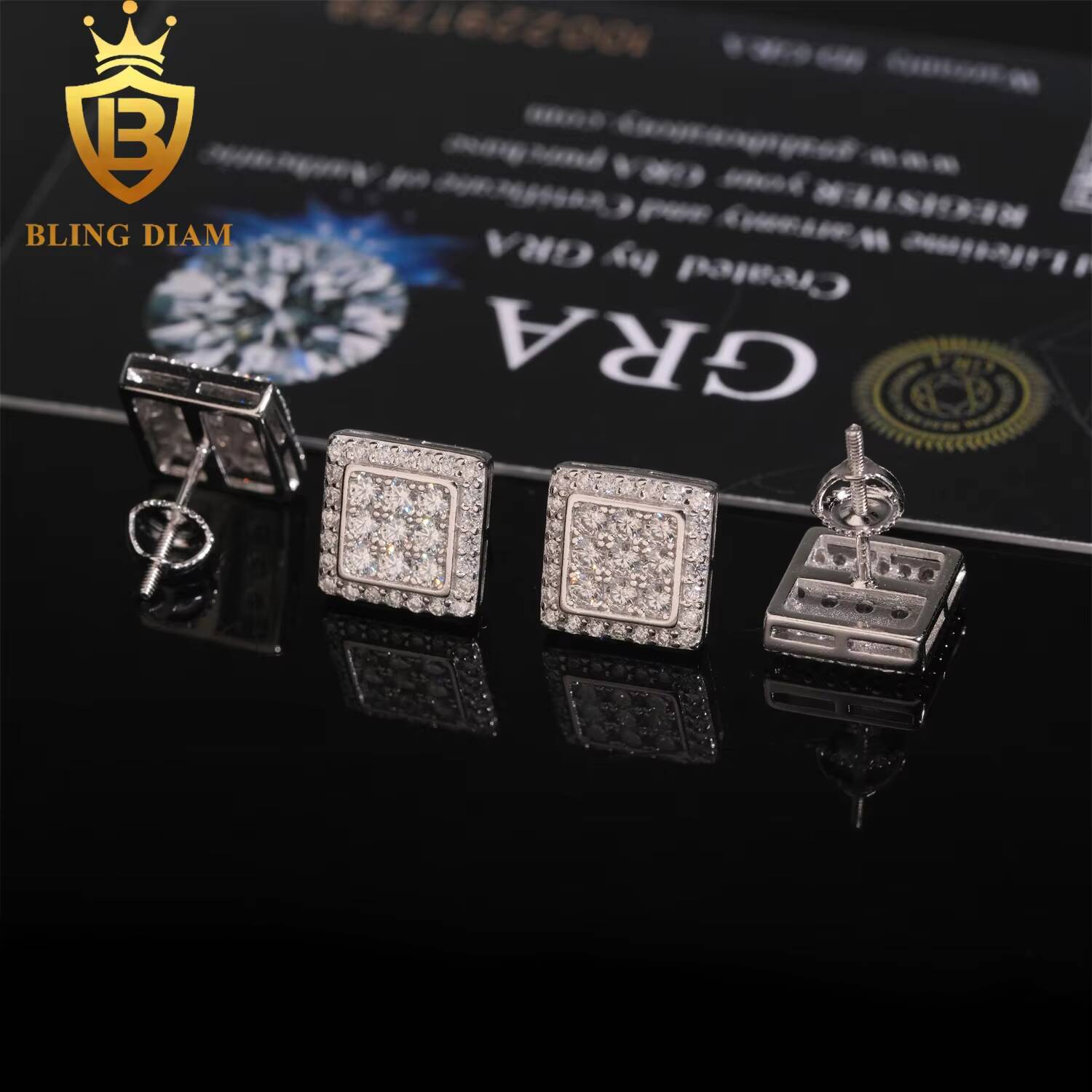 Hip Hop Jewelry Wholesale 925 Silver Rose Gold Plated Vvs Moissanite Diamond Square Earrings Stud Cluster for Man Women