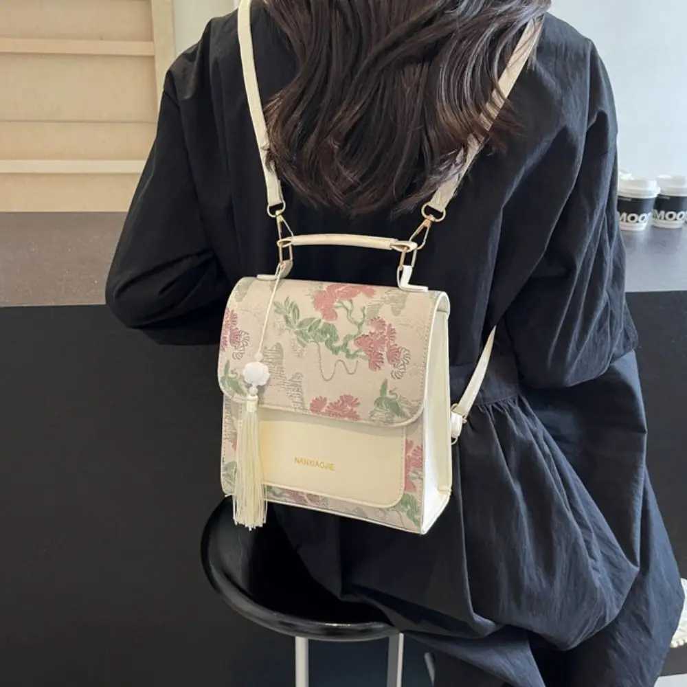 Sweet Embroidery Pu Backpack Tassel Pendant Large Capacity Chinese Style Daypack Vintage Small Square Backpack Women Y250811