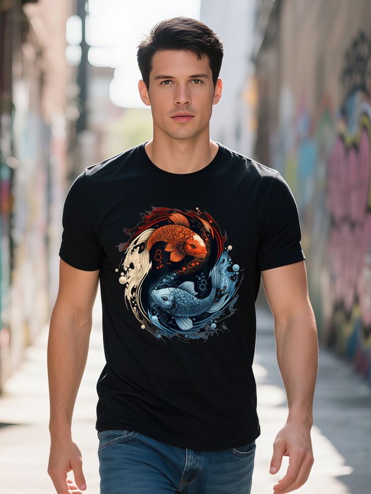 Koi Fish Yin Yang T-Shirt Cotton Fun Design DIY Men's Soft Breathable Comfortable Casual Sports Easter and Father's Day