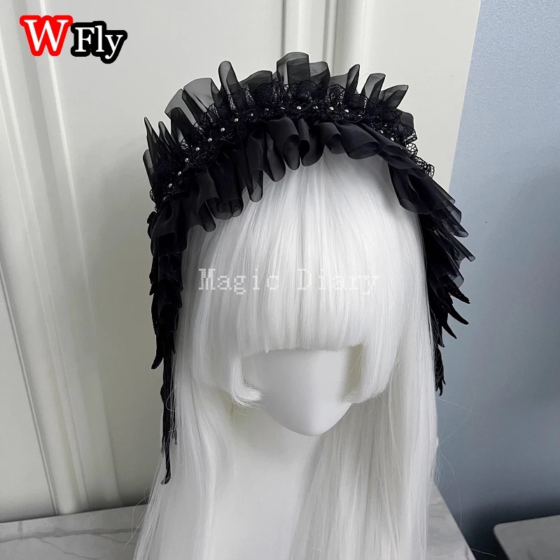 Womens Harajuku Steampunk Y2K Headwear Headband Lolita Japanese Hair Belt Mine System Angel Wings Lace Headpiece HairBaands 250805