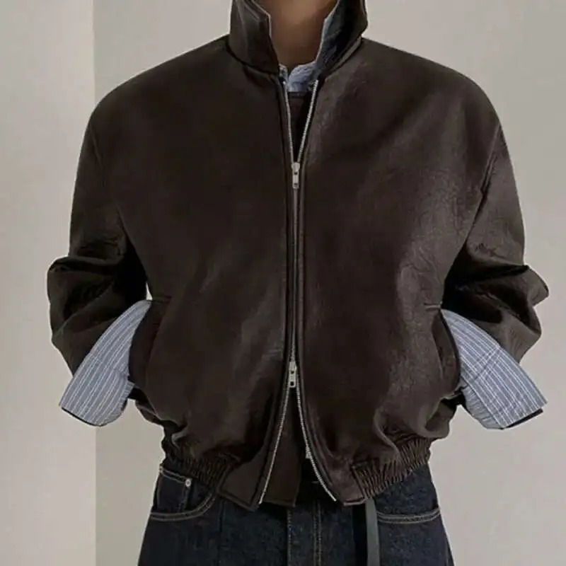 IEFB Short PU Leather Coat Mens Spring Summer Loose Turn-down Collar Coat Korean Style Trend Male Jacket Casual Top 9C5013 250811