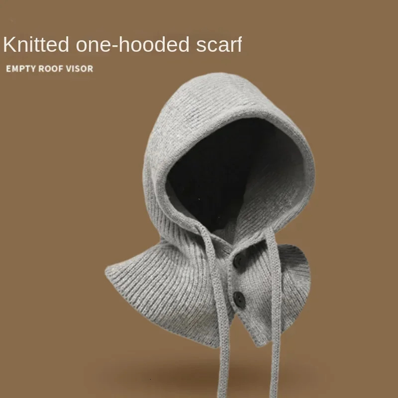 Korea Winter Hats and Scarf Set with Botton Scarf Balaclava Hat Warm Neck Set Women Knitted Wool Pullover Hat Gothic Y2k 250808