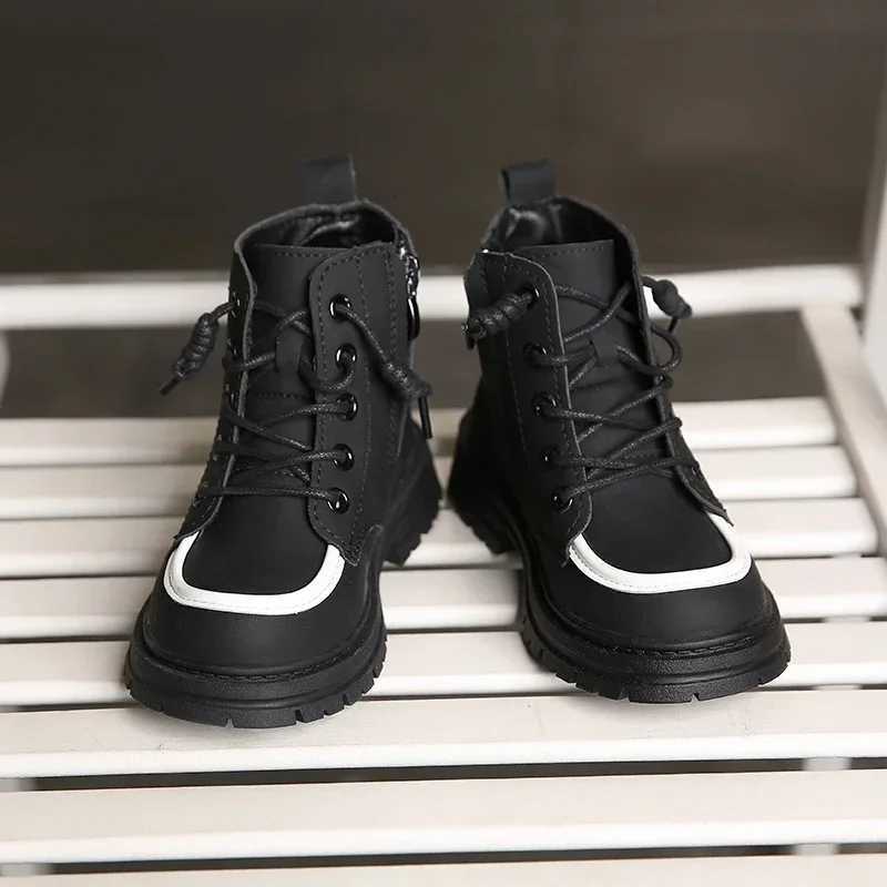 New Children Boots Soft Leather Handsome Lace-up Trendy Kids Short Boots Matte PU Leather Anti-slip Unisex Boys Girls Shoes XJ250812