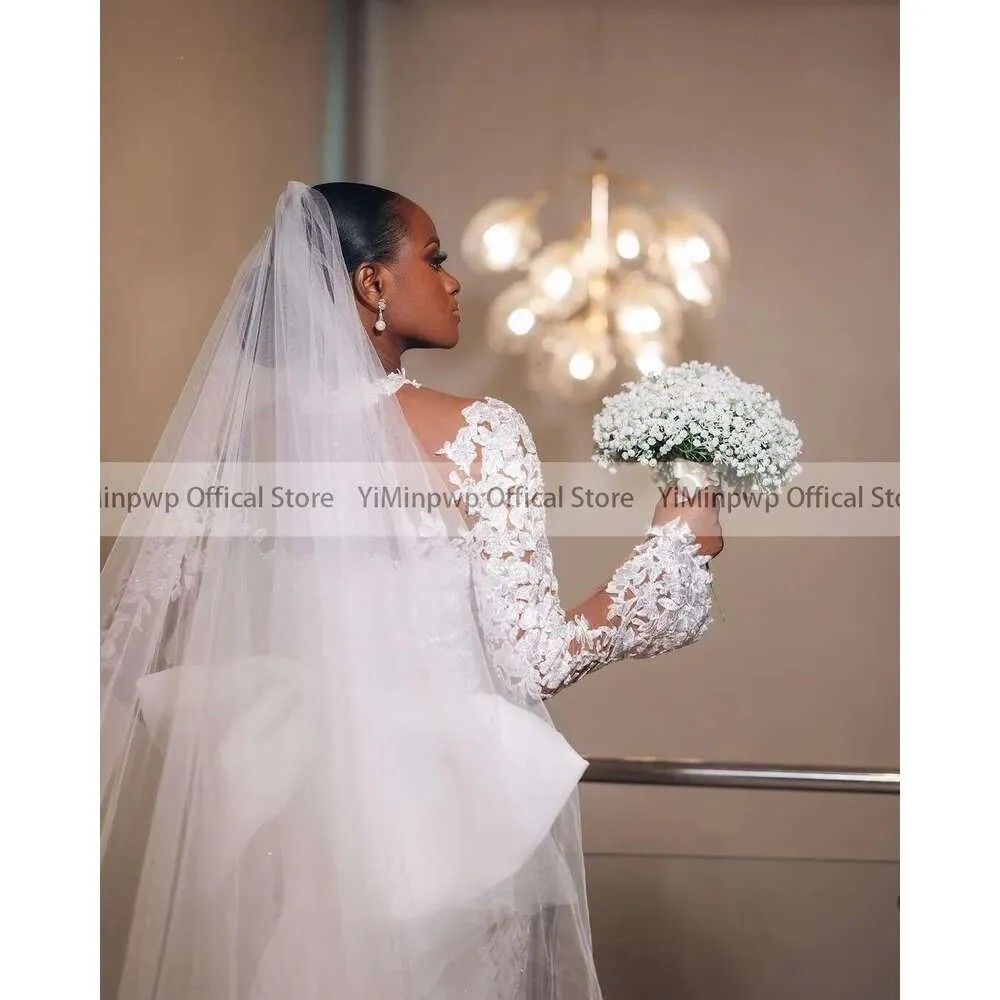 Shinny Mermaid Wedding Dresses for Bride African Bridal Gowns O Neck Long Sleeve Sweep Train Lace Appliques Sequined Beads Vestidos De Novia