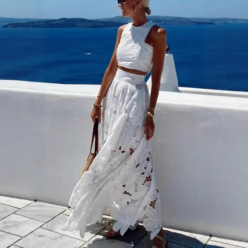Sexy Women Hollow Out Two Piece Set Elegant Summer Sleeveless Vest Top Floral Maxi Skirt Set Beach Vacation Holiday Outfits 250811