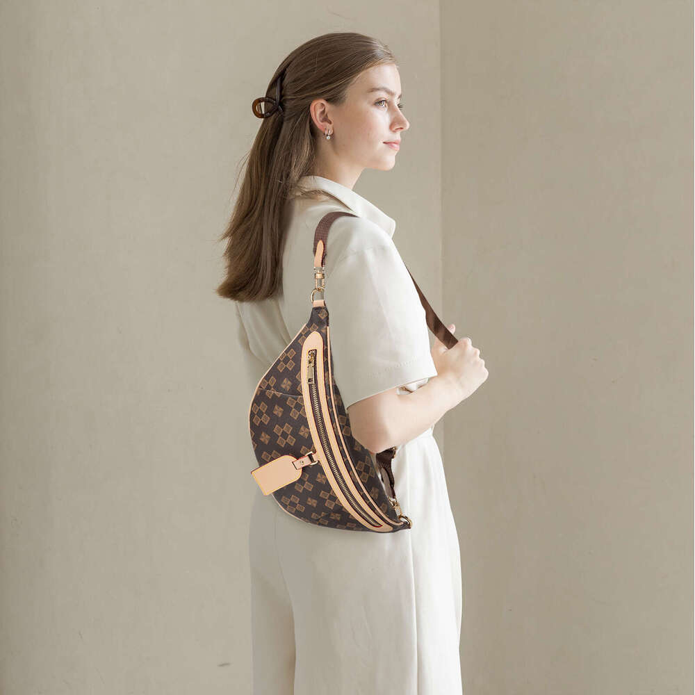 Lacel Urwebin Brown Monogram Pattern Fanny Pack, Women's Large - Capacity Waist Bag with Adjustable Strap, Stylish PU Leather Crossbody Belt Bag 