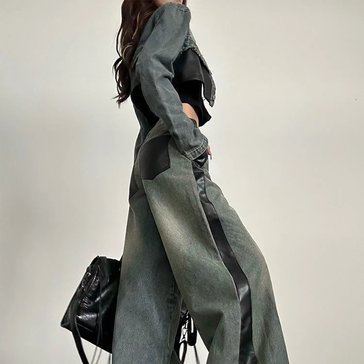 Fashionable Suit Retro Leather Splicing Denim Long Sleeveds Jackets Simple Casual Y2K Womens Street Wide Leg Jeans Two Piece Set 250808
