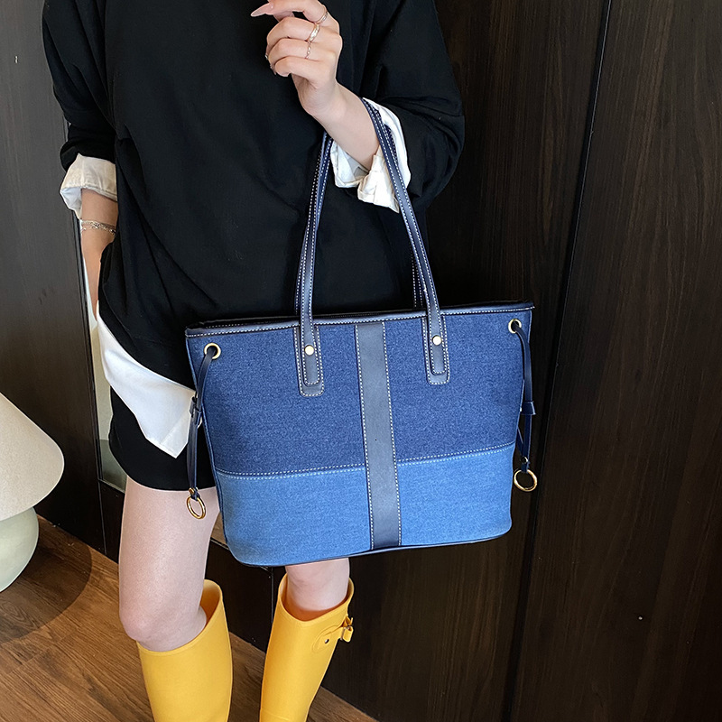 Denim for Women New Fashion Versatile Patchwork Color Block Single Shoulder Crossbody Large Capacity Tote Bag