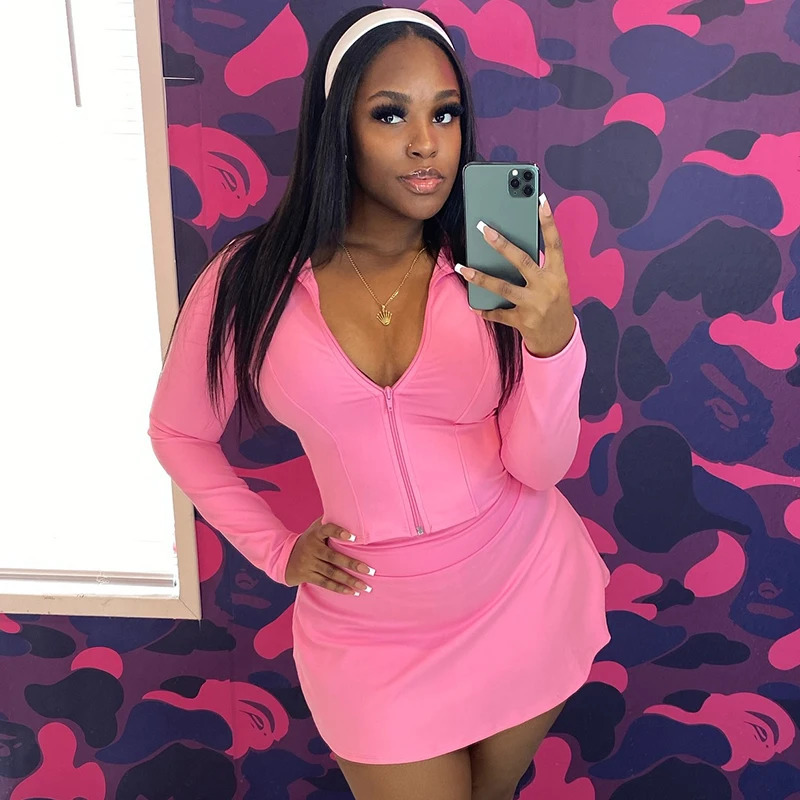 CUTENOVA Women Solid Color Stand Collar LongSleeved Slim Zipper Short Top ALine Skirt TwoPiece Set Casual Simple Sports 250811