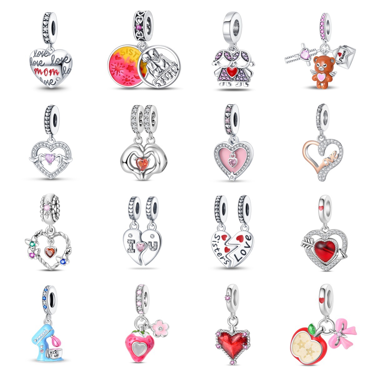 S925 Silver Charm Heart-shaped Wings LOVE Charm Oil Drop DIY Jewelry Bracelet Accessories Female