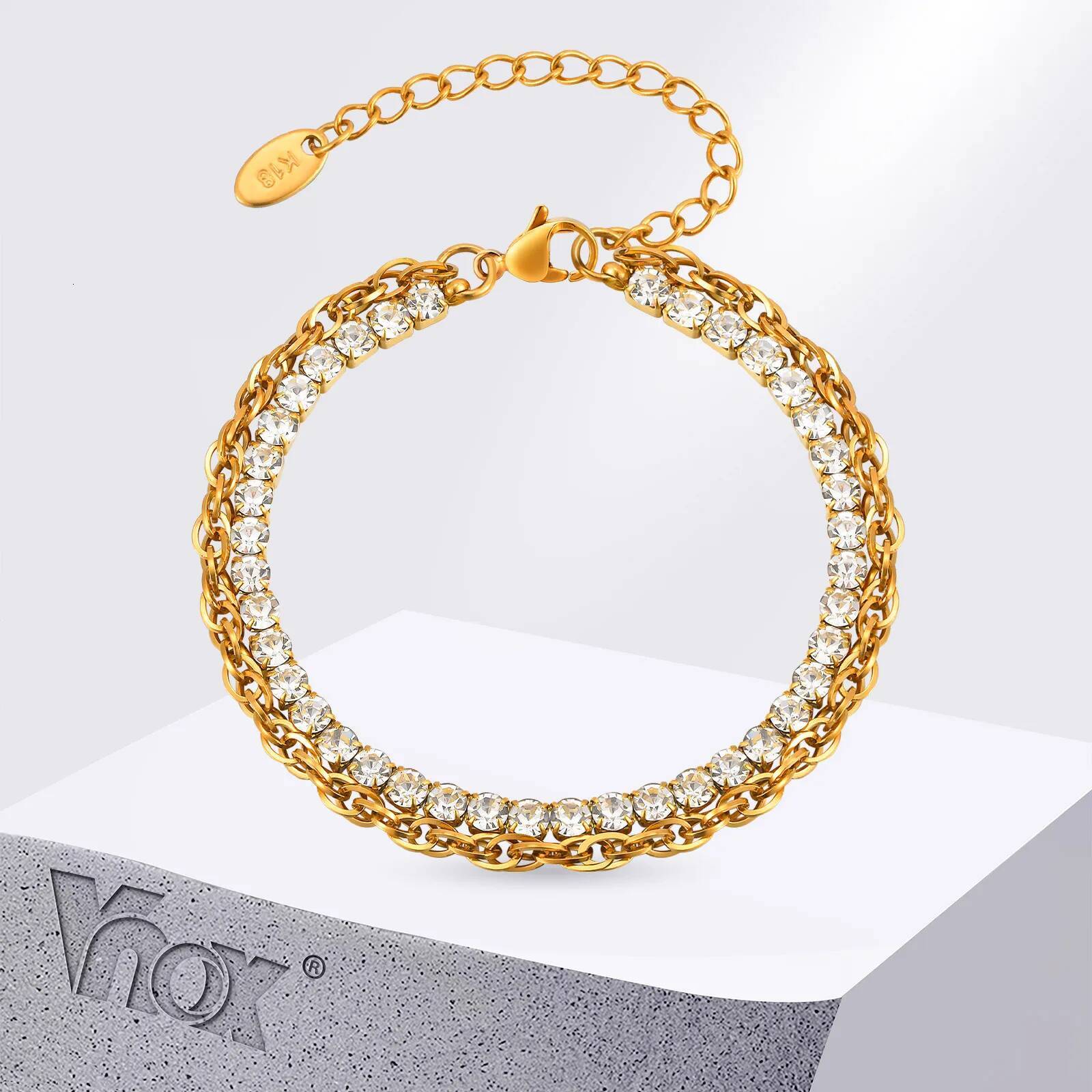 Vnox Stainless Steel Cubic Zirconia For Women Double Layer Twist Chain Charm Bracelet Jewelry Girls Gifts