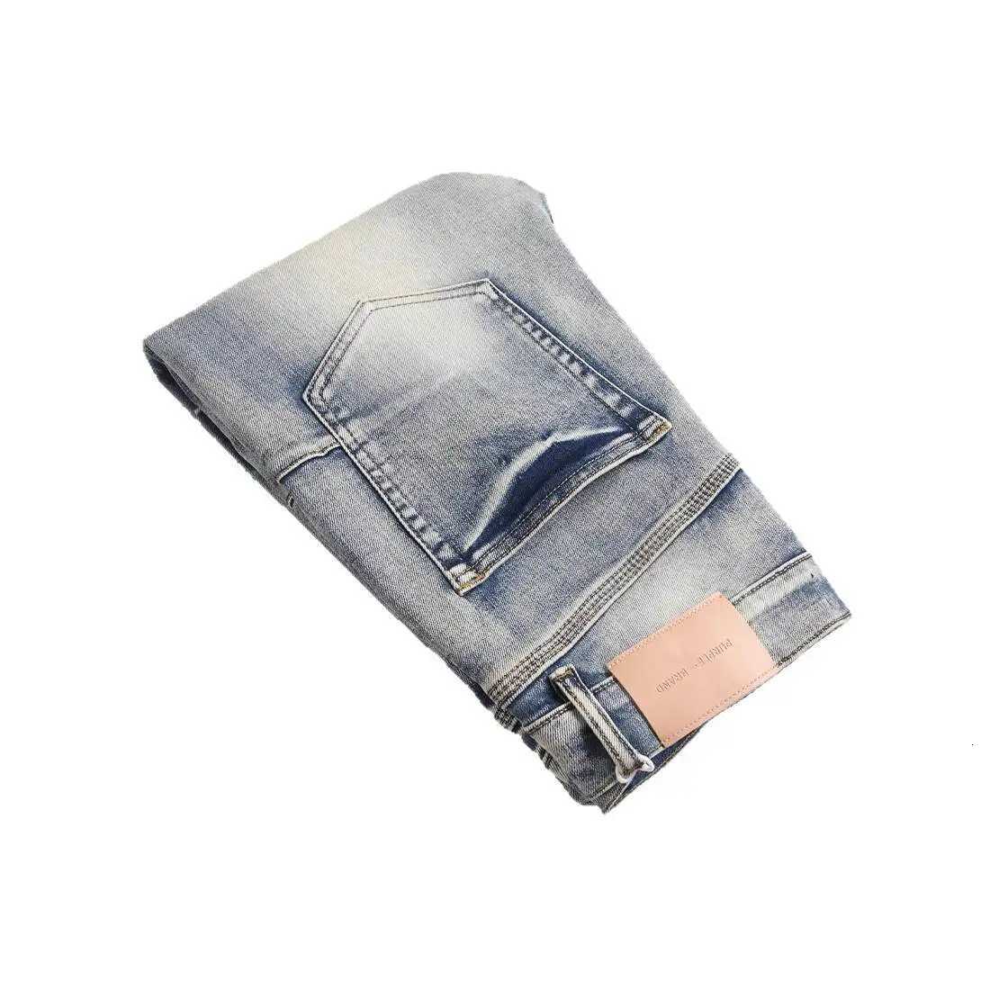 New High Street PU for Men with Ripped Holes Embroidered Patchwork Leather Appliqu Stretch Slim Fit Skinny Jeans X250812