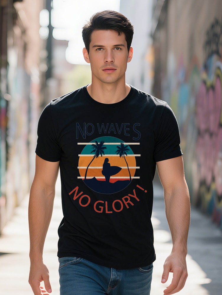 Men S Casual Wave No Glory Graphic T-Shirt Black Round Neck Surf and Palm Tree Design Summer Beach Style Perfect