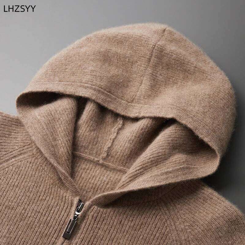100%Pure Wool Zipper Cardigan Men's Hooded Collar Large Size Knit Coat Fashion Loose Thicken Jacket Autumn Youth Cashmere Hoodie 250812