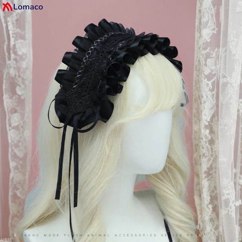 Black White Lolita Lace Ruffled Headband Hairband with Hairpins Cute Sweet Anime Maid Cosplay Headdress 250805
