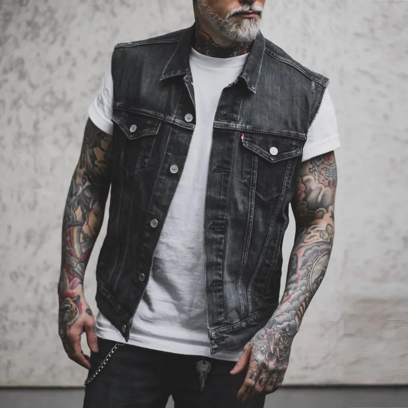 2024 mens denim jacket retro fashion motorcycle sleeveless high street handsome vest clothing 250805