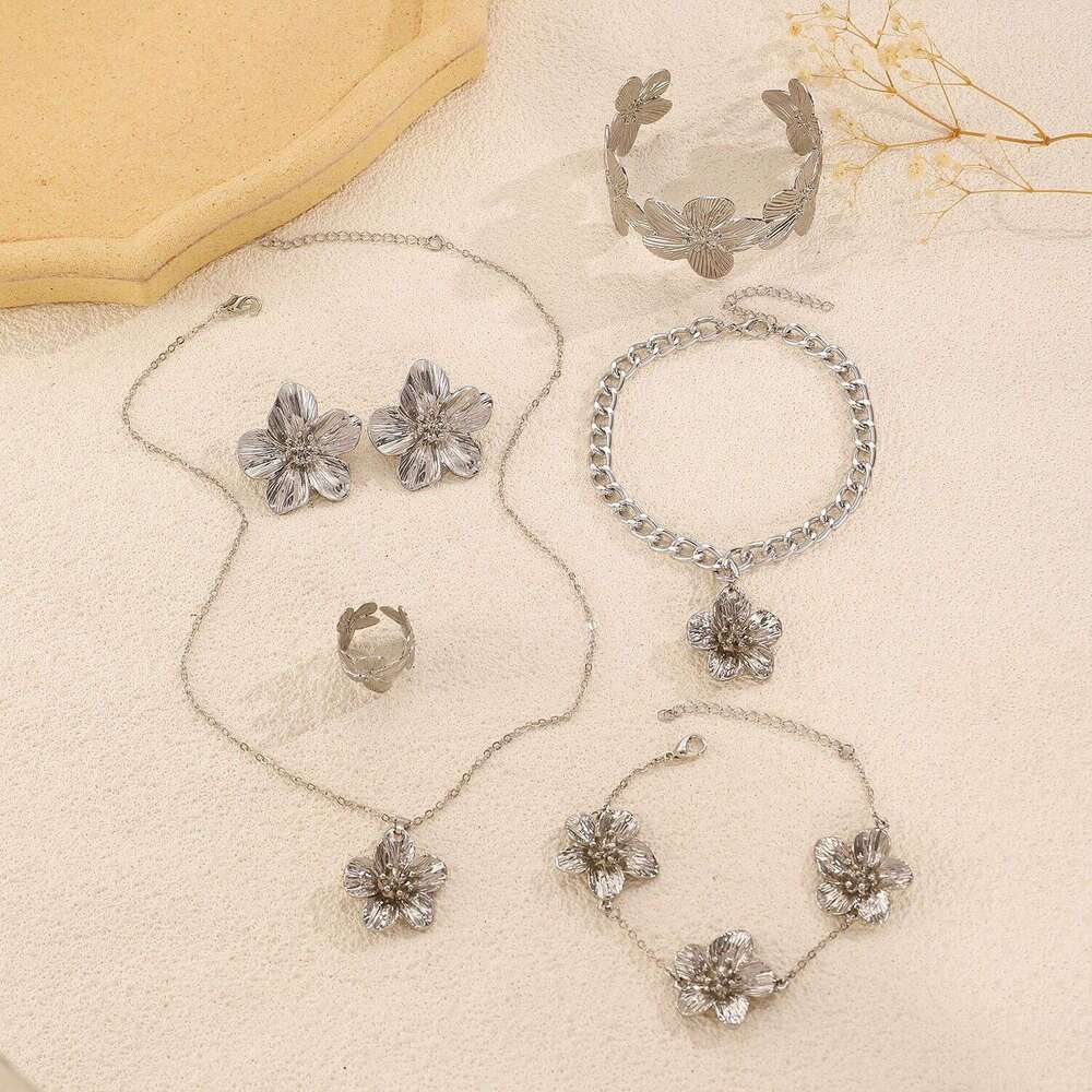 Jewelry Wrinkle Texture Design Sense Flower Earrings Necklace Bracelet Anklet Ring Bangle Set for Women