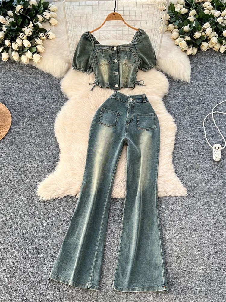 SINGREINY American Retro Denim Sets Women Puff Sleeves Buttons Mini TopsHigh Waist Slim Long Pants Summer Two Pieces Suits 250806