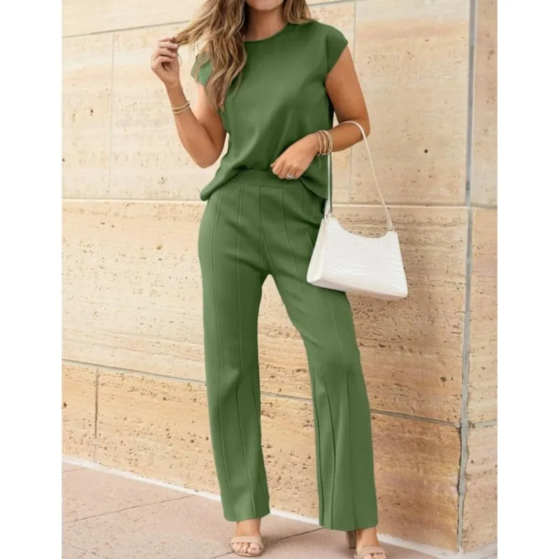 2 Piece Sets Women Outfit Sleeveless Casual T Shrit Top Knitted Vest Wide-leg Pants Ice Summer Solid Color Casual Outfit 250811