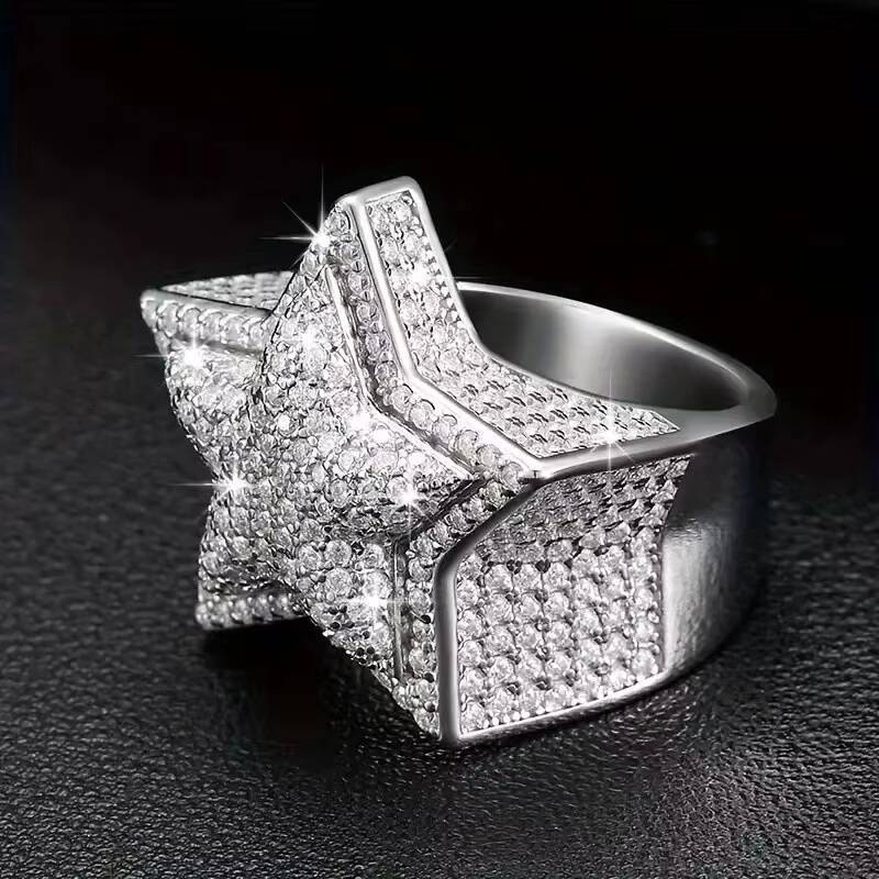 Hiphop Style Mens Womens 925 Sterling Silver VVS Moissanite Diamond Star Ring Iced Out Gold Plated Fine Jewelry
