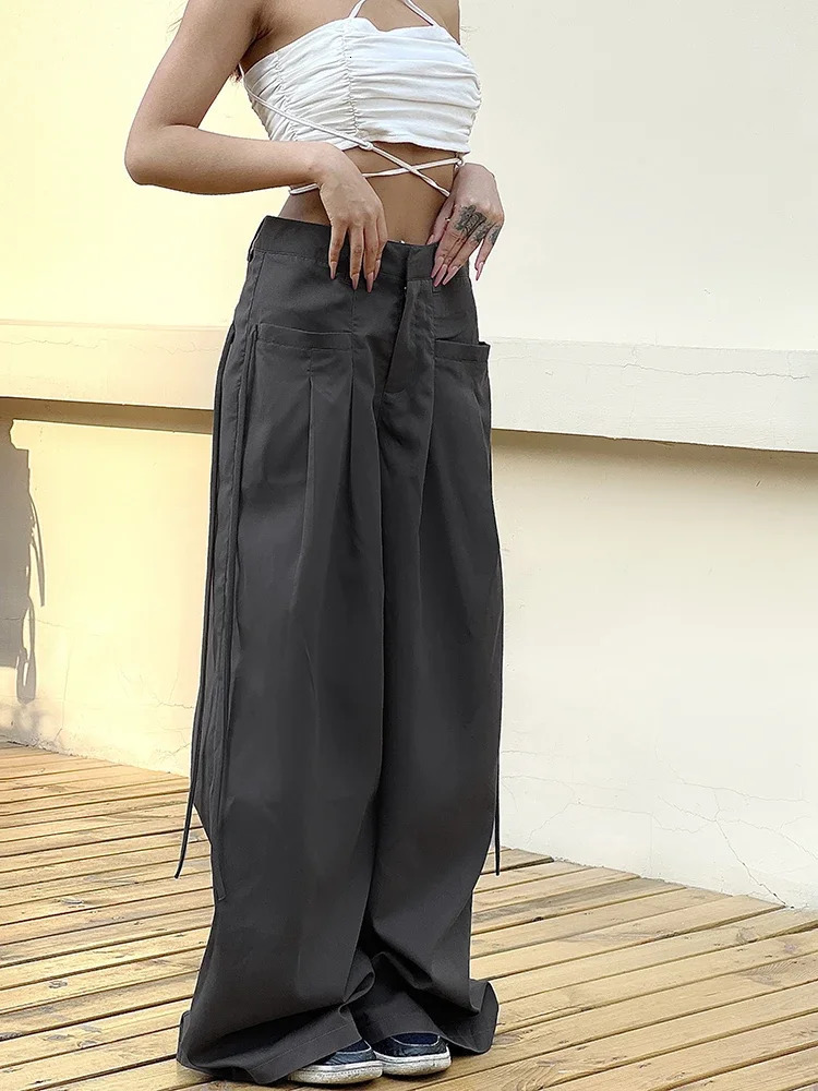 Shirring Casual Wide Leg Pants Women High Waist Street Basic Loose Sweat Trousers Korean Retro Gray Office Y2K Lady Pants 250811