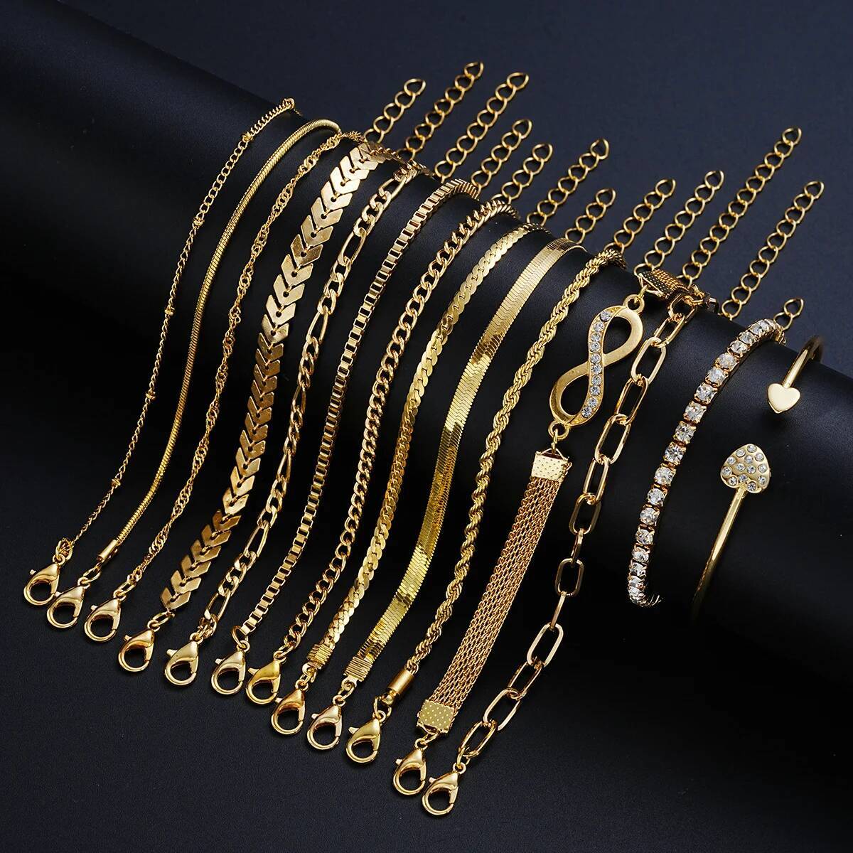 3/5/14 Pcs Punk Simple Metal Twist Bracelet Set For Women Fashion Gold Color Heart Zircon Tone Chain Daily Wear Jewelry Gifts