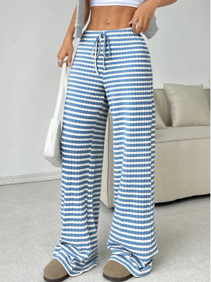 Y2K Striped Printed Long Pants Womens Casual Lace Up Pants High Street Fashion Elegant Autumn Straight Leg Pants 250811