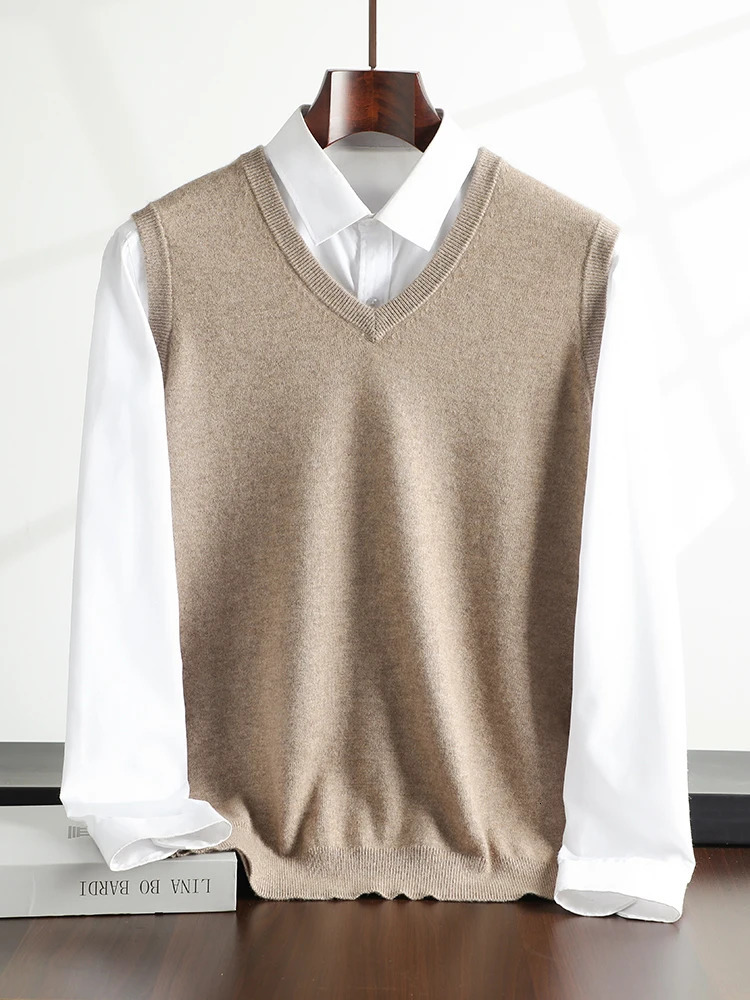 Men Cashmere Vest V-neck Pullover Autumn Winter Basic Sweater Sleeveless 100% Cashmere Knitwear Smart Casual Soft Waistcoat Tops 250806