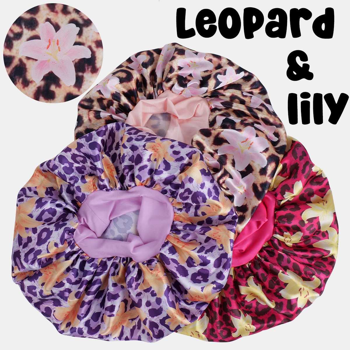 1pc Womens Satin Sleep Cap with Leopard Print and Lily Flowers Elastic Wide Brim Soft for Sleeping and Daily Use XJ250812