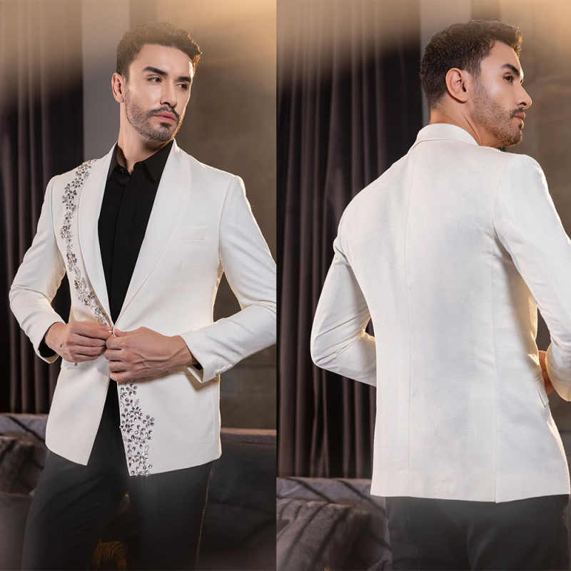 Luxury Crystal Men Suit Shawl Lapel 1 Piece Jacket Wedding Groom Tuxedos Party Business Customized