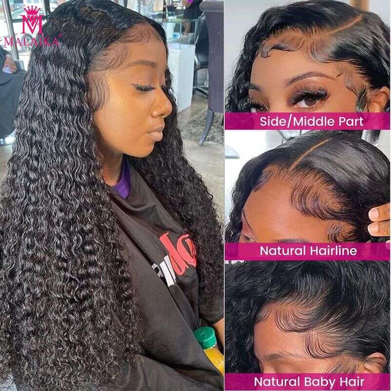 180% Density 13*4 Front Lace Frontal Pre Plucked For Women Real Human Hair Wigs Long Curly Wig Natural Black Color