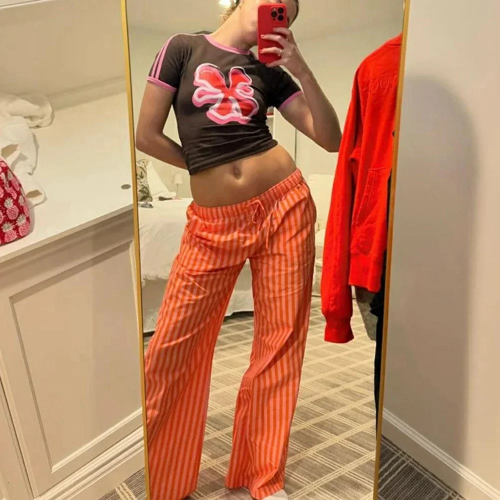 Combhasaki Womens Y2K Vintage Summer Baggy Long Pants Drawstring Elastic Low Waist Wide Leg Striped Trousers with 2 Pockets 250811