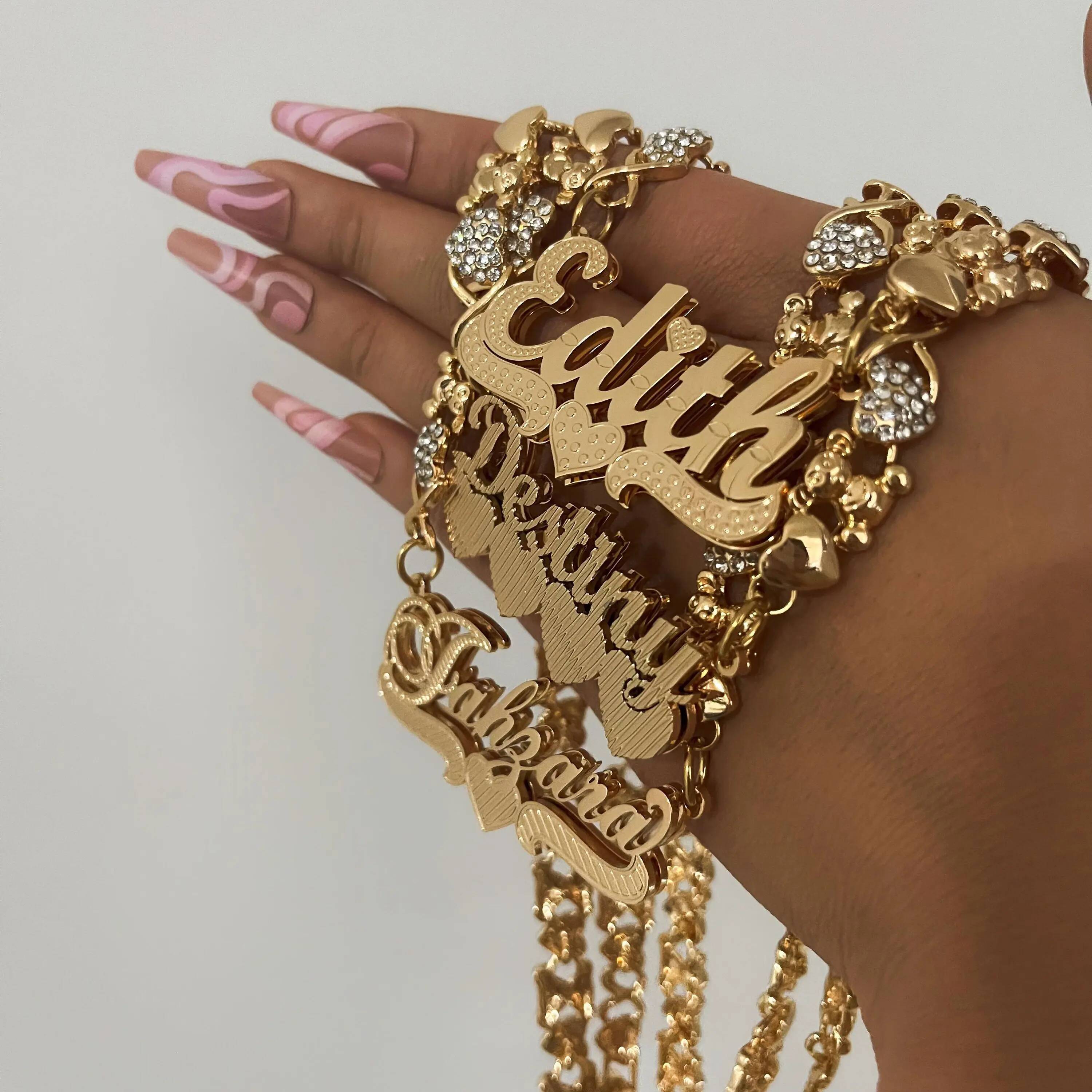 Teddy Bear Chain Name Necklace - Gold Plated Double Nameplate Custom Personalized Jewelry Gift for Women Kids & Teens