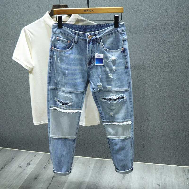 Spring New Blue Ripped Hole Jeans Mens Elastic Slim Stitching Patch Korean Fashion Mens Clothing Denim Trousers Streetwear X250812