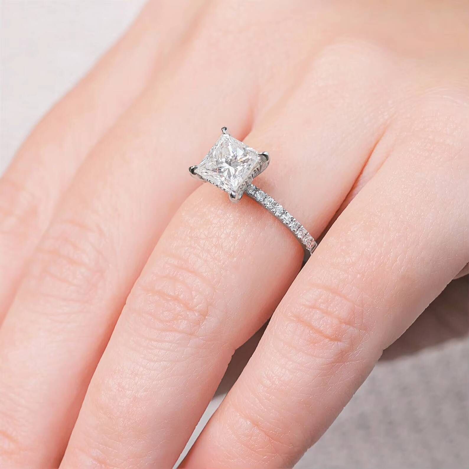 Romantic Iced 10K Solid White Gold Four-Prong Designer Ring Hidden Halo Moissanite Half Eternity Promise for Engagement Party