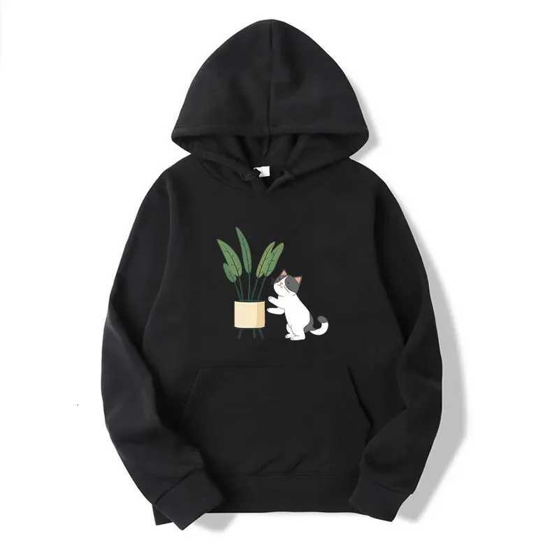 Teens Cute Cat and Plant Print Hoodies Casual Couple Hip Hop Streetwear Spring Long Sleeve Hoody Sweatshirts Y250811