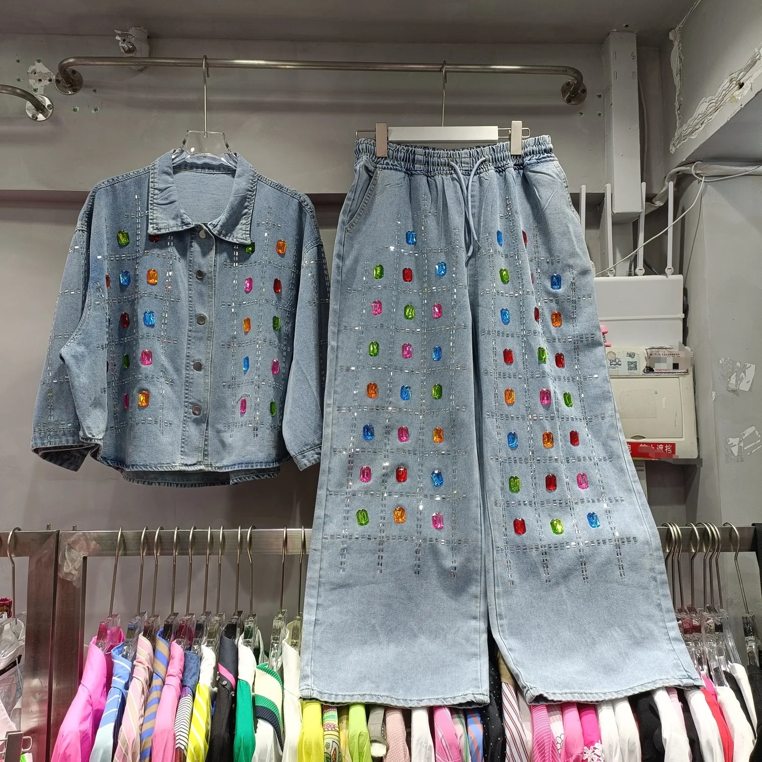 Spring Womens Rainbow Diamonds Denim Blouses Cow Plaids Drilling Shirts Coat Wide Legs Denim Pants Jeans Trousers 2Pcs Set 250808