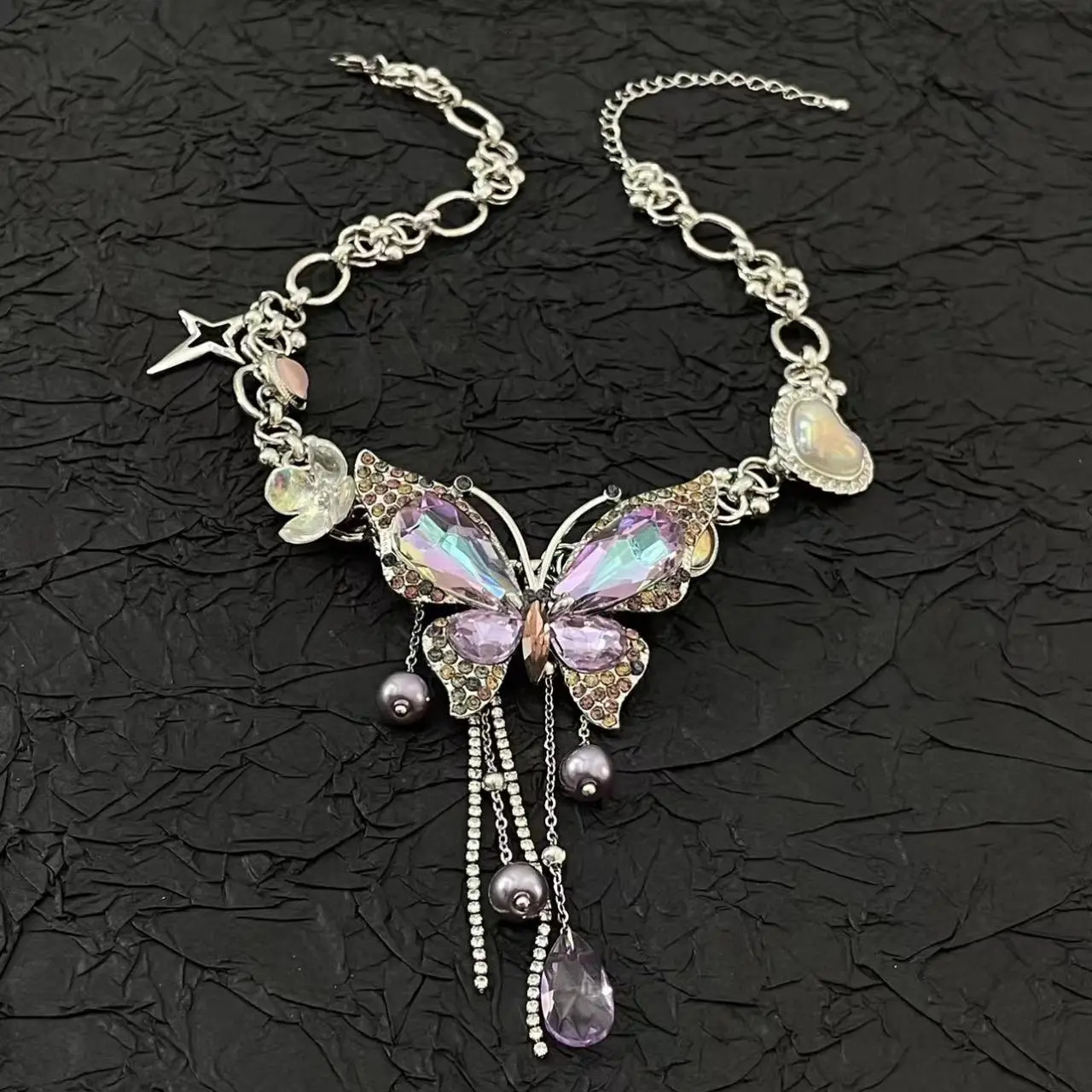 Dreamy Purple Crystal Butterfly Charm Star Heart Flower Pearl Tassel Necklace Retro Exquisite Jewelry For Women Y2K 250807