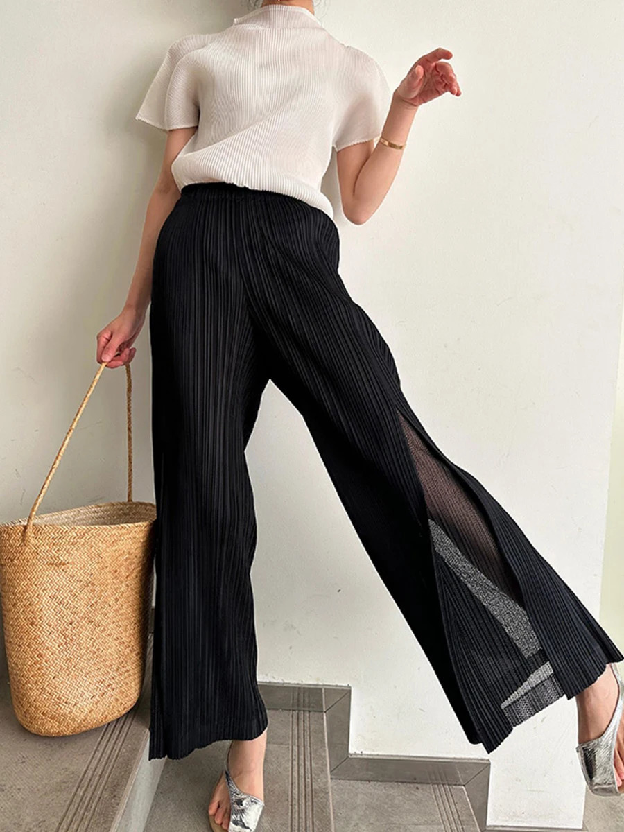 Miyake Pleated Mesh Spliced Casual Pants Women Summer Korean Fashion er Elastic Waist Cropped Straight Wide Leg Pants 250811