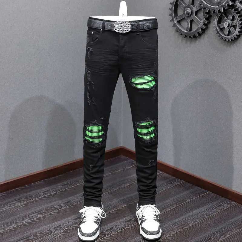 Fashionable new mens black jeans washed nostalgic stretchy slim fit green patch jeans high street designer hip-hop brand X250812