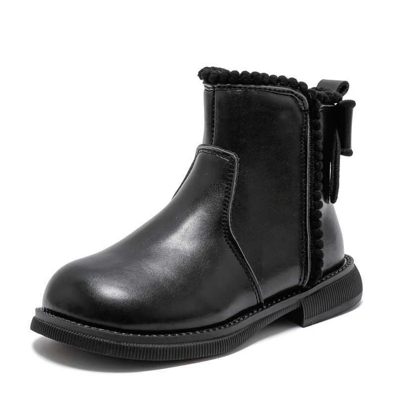 2024 New Girls Chelsea Leather Boots Round Head Anti-Slip Children Ankle Boots with Sweet Bow Girls Short Boots with Side Zip XJ250812