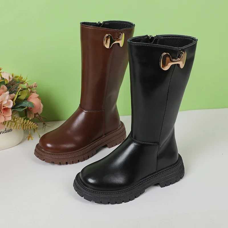 Girls Long Boots Black Fashion Kids Leather High Boots 2024 Autumn Winter Fashion Warm Fur Children Motorcycle Boots Classic XJ250812