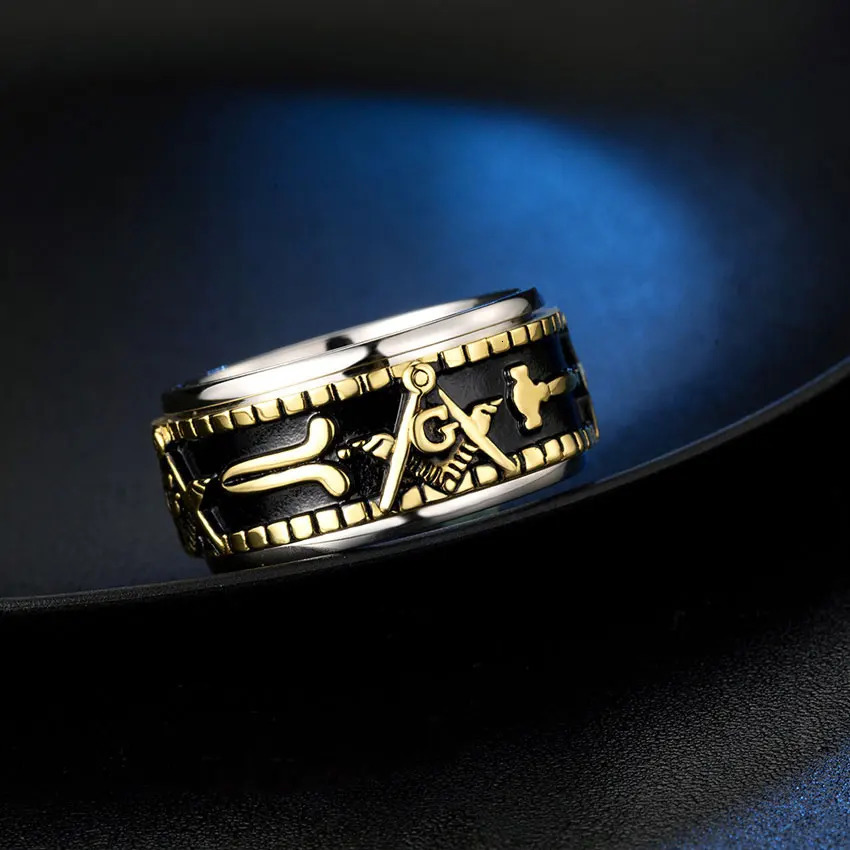 Wholesale 18K Gold Plated Ring Masonic Rotatable Rings High Polished Stainless Steel Men Mounting Jewelry Events Gifts 250812
