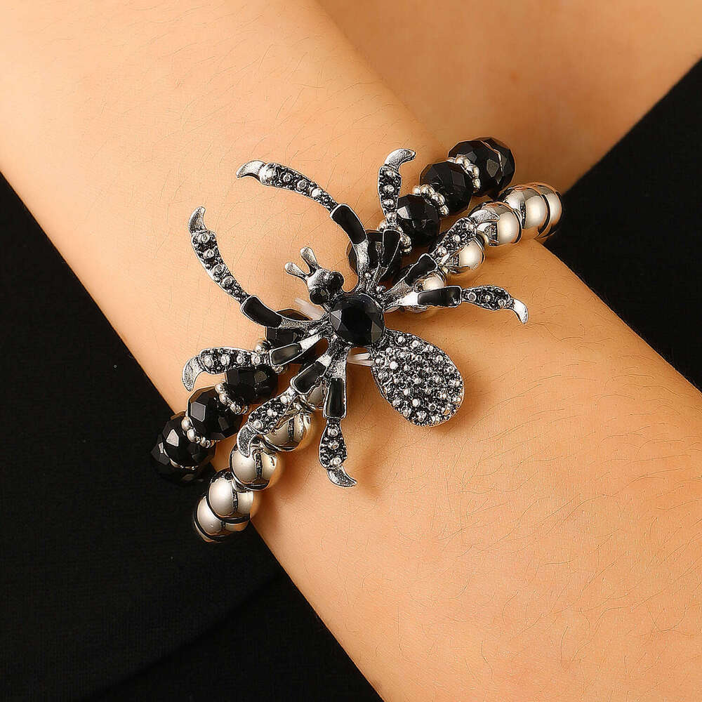 Gothic Dark Punk Exaggerated Halloween Rhinestone Spider Necklace Bracelet Ring Set for Women and Men