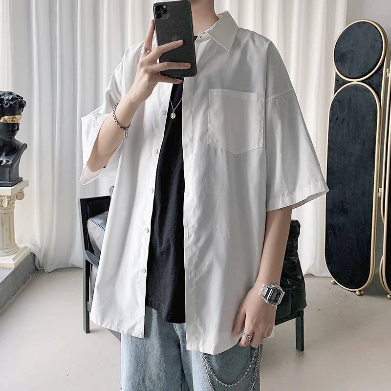 2025 Summer Half-Sleeved Solid Color Fashion Office Shirts Male Casual Loose Button Pocket Shirt Men Clothing ddmymarket