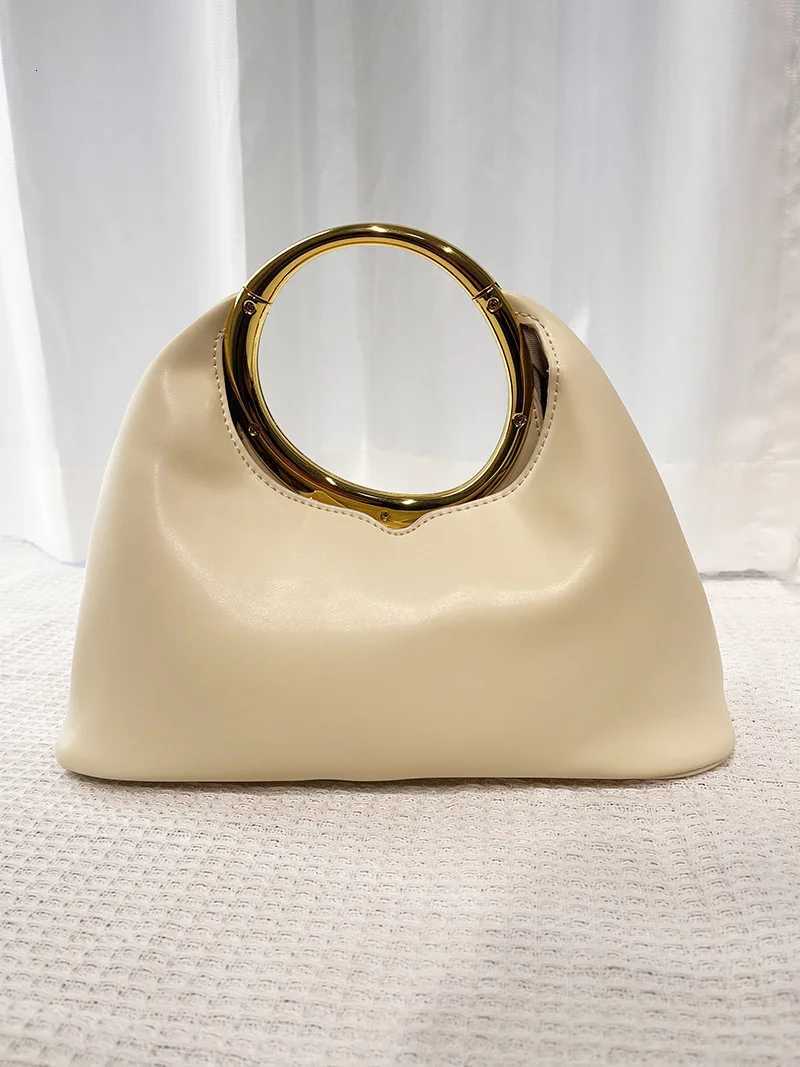 Metallic Round Handle Handbag Evening Bags for Women Soft PU Leather Shoulder Bag 2025 Half Moon Cloud Clutch Z250812