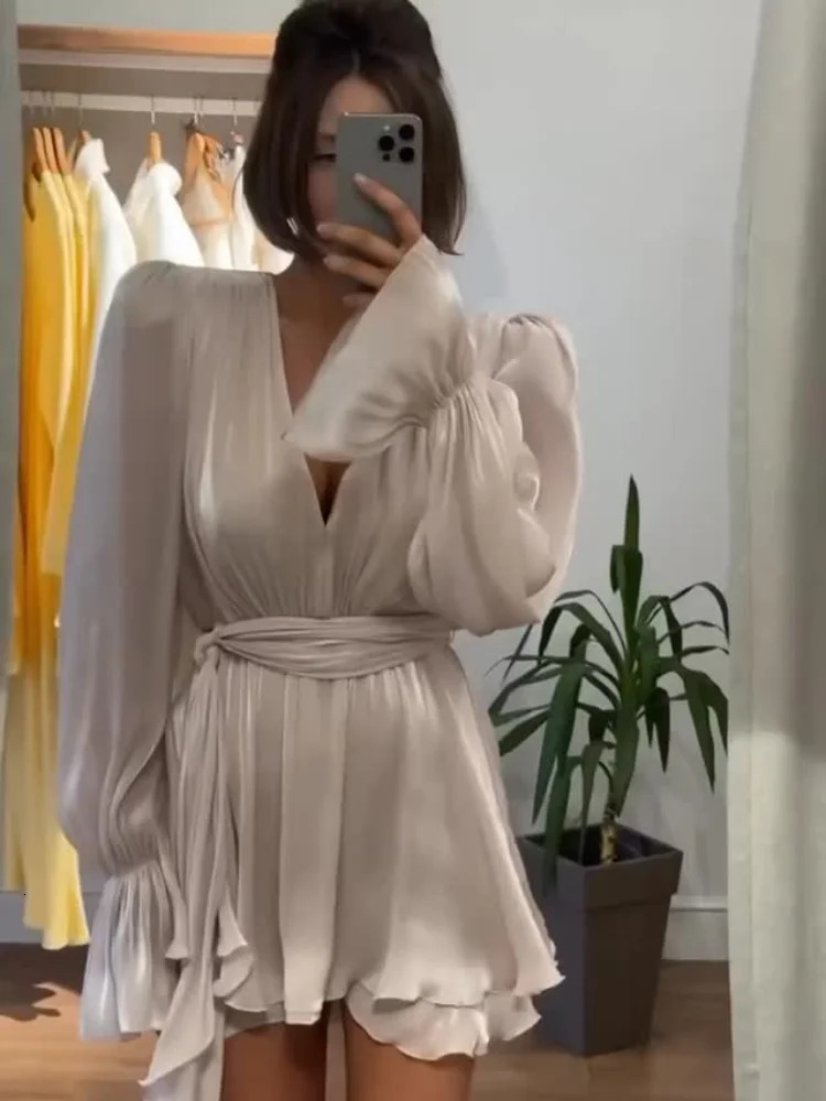 Elegant Solid Multiple Flounces Lace Up Dresses Chic Loose V Neck Full Sleeve Robes Lady Summer Commute Vacation Gown 250805