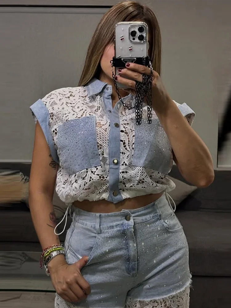 Chic Lace Patchwork Denim Shirts Diamond Splicing Baggy Pants 2 Piece Sets High Street Fashion Y2k Elegant Summer Outfits 250806