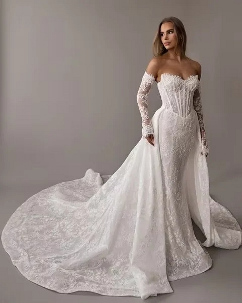 2025 New Arrival Mermaid Wedding Dress Lace Beads 2 in 1 Strapless Full Sleeves Sexy Bride Dresses Bridal Gowns Vestido de novia